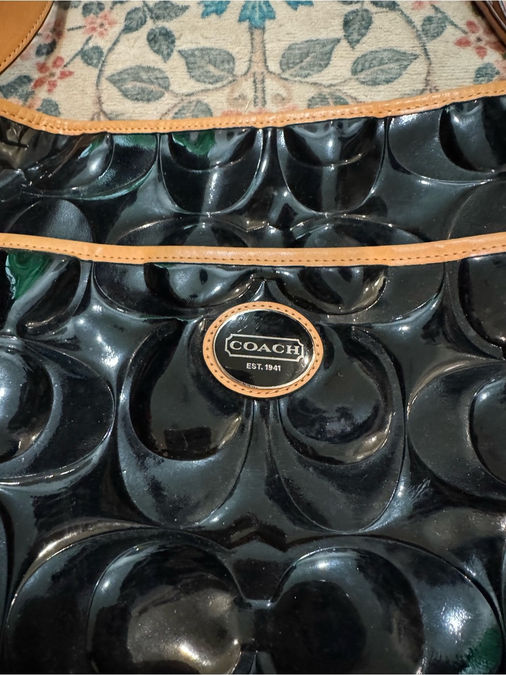 Coach Black Patent Shoulder Bag with Tan Trim
